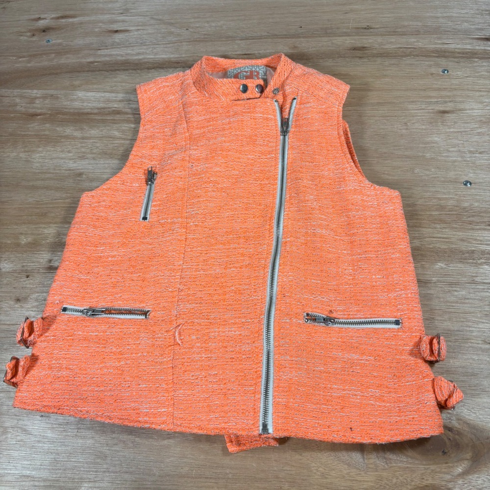 GB Gianni Bini Orange Tweed Moto Vest Asymmetrical Zip Biker Sleeveless Jacket L